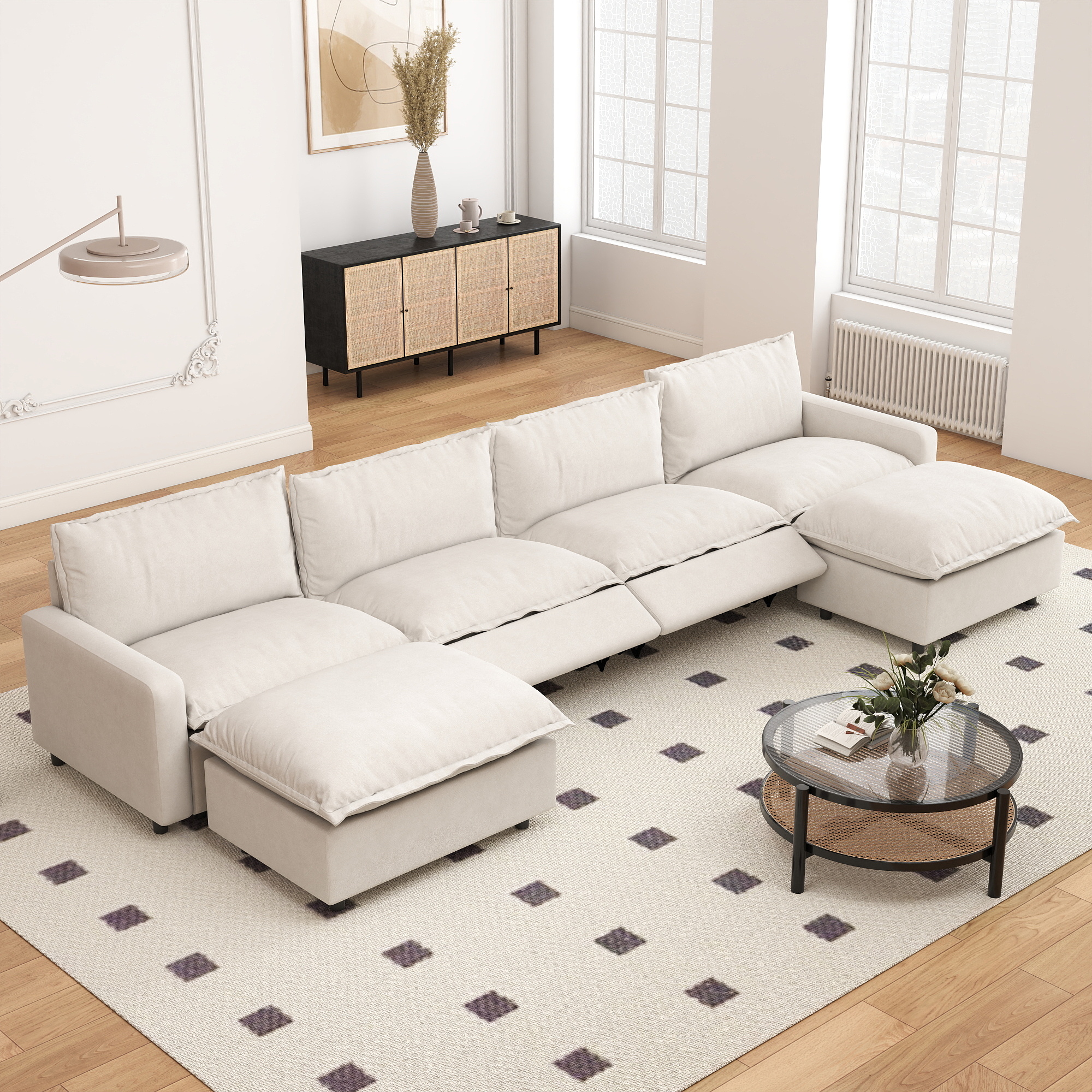 Canapé 4 places avec 2 fauteuils inclinables et 2 poufs