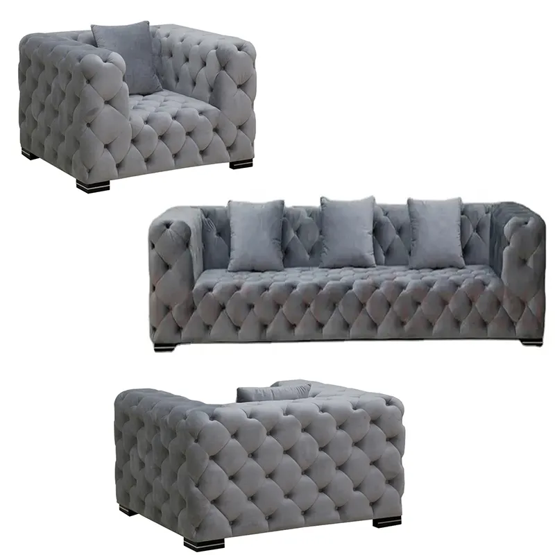 Sofá seccional Chesterfield de tela de microfibra moderno, sofá Seccional de terciopelo gris, conjunto de sofá de 3 piezas para sala de estar