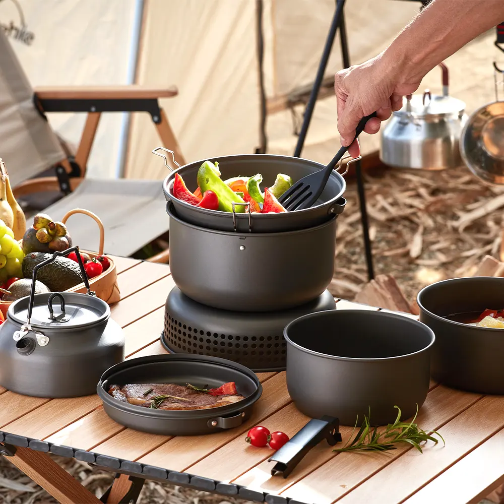 Venta al por mayor duro anodizado al aire libre Camping Pot Pan Set plegable Camping Cookware Mess Kit