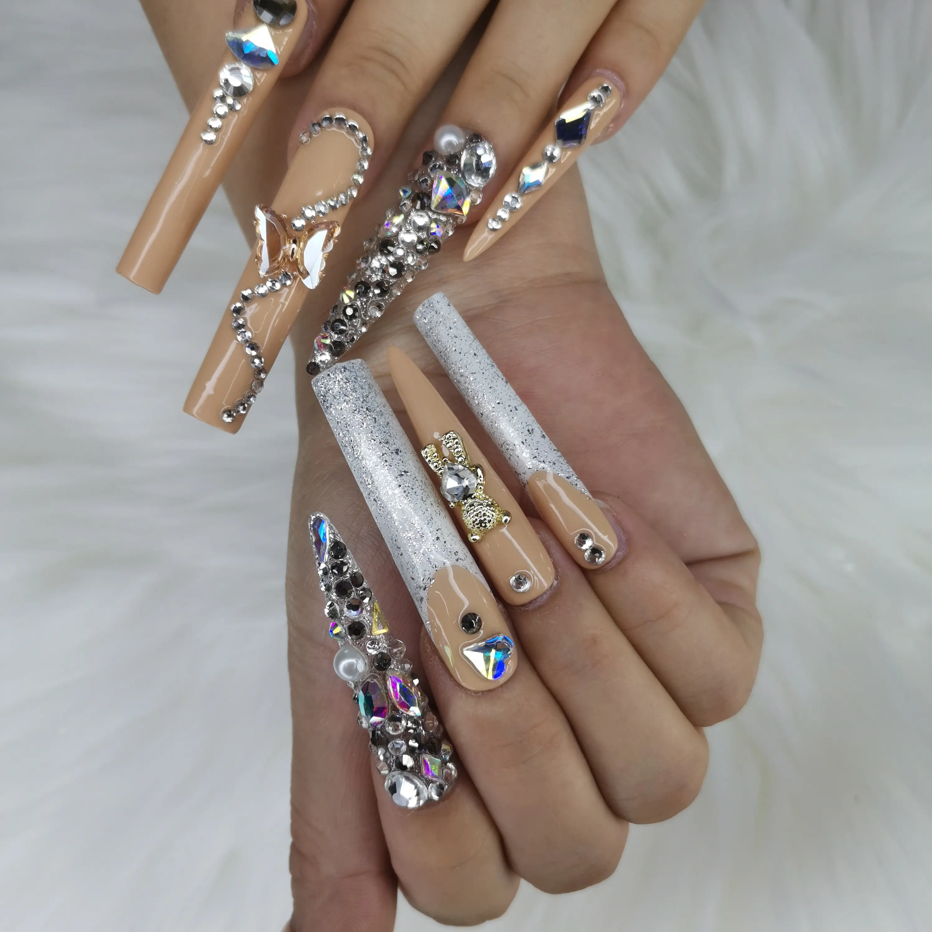 Vận Chuyển Miễn Phí Luxury Designer Nails Thêm Dài XXL Kích Thước Báo Chí Trên Nails Handmade Tùy Chỉnh Nhãn Hiệu Riêng Móng Tay Nhân Tạo