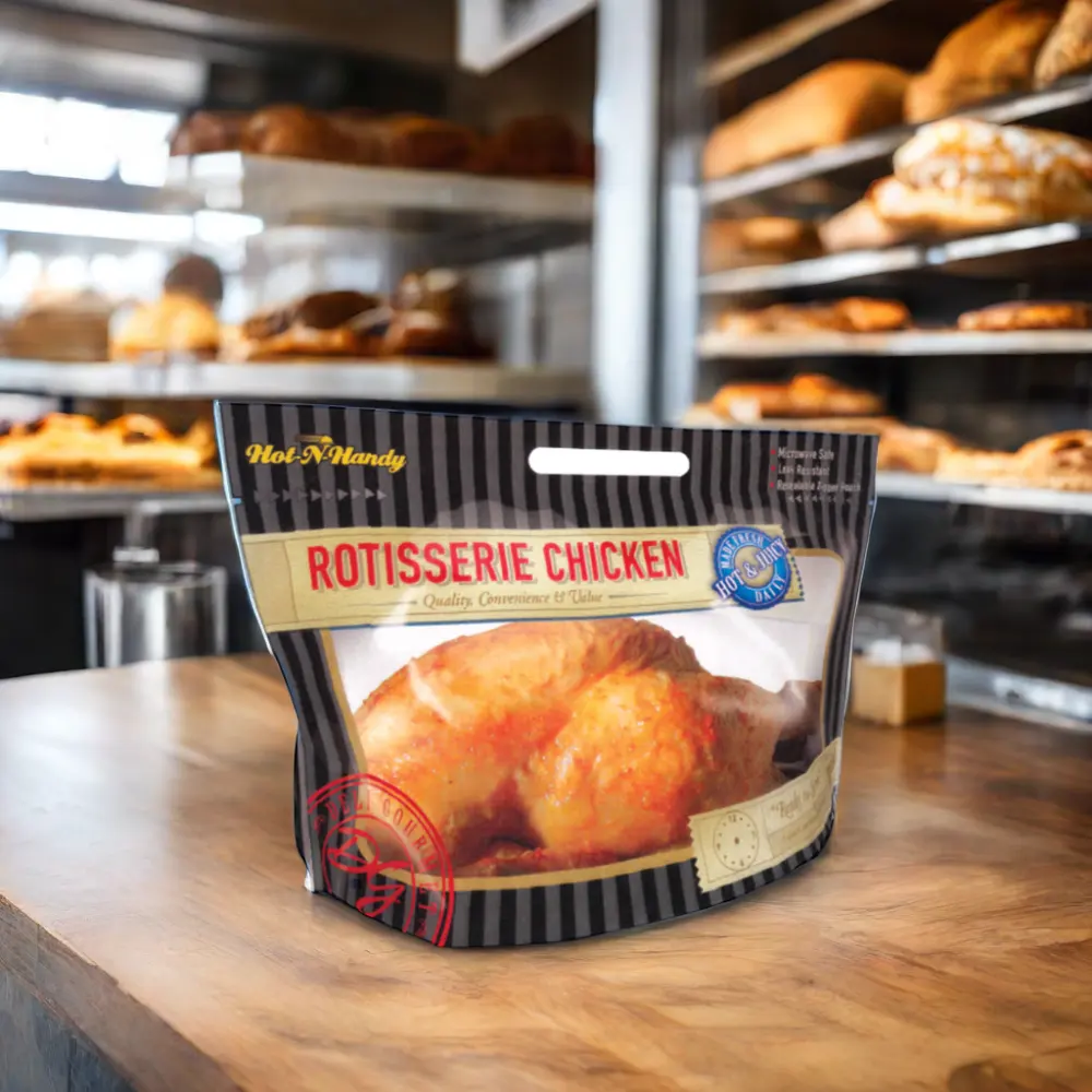Bolsas de pollo asado impresas personalizadas, bolsa de embalaje de pollo asado, bolsa de pie con ventana transparente