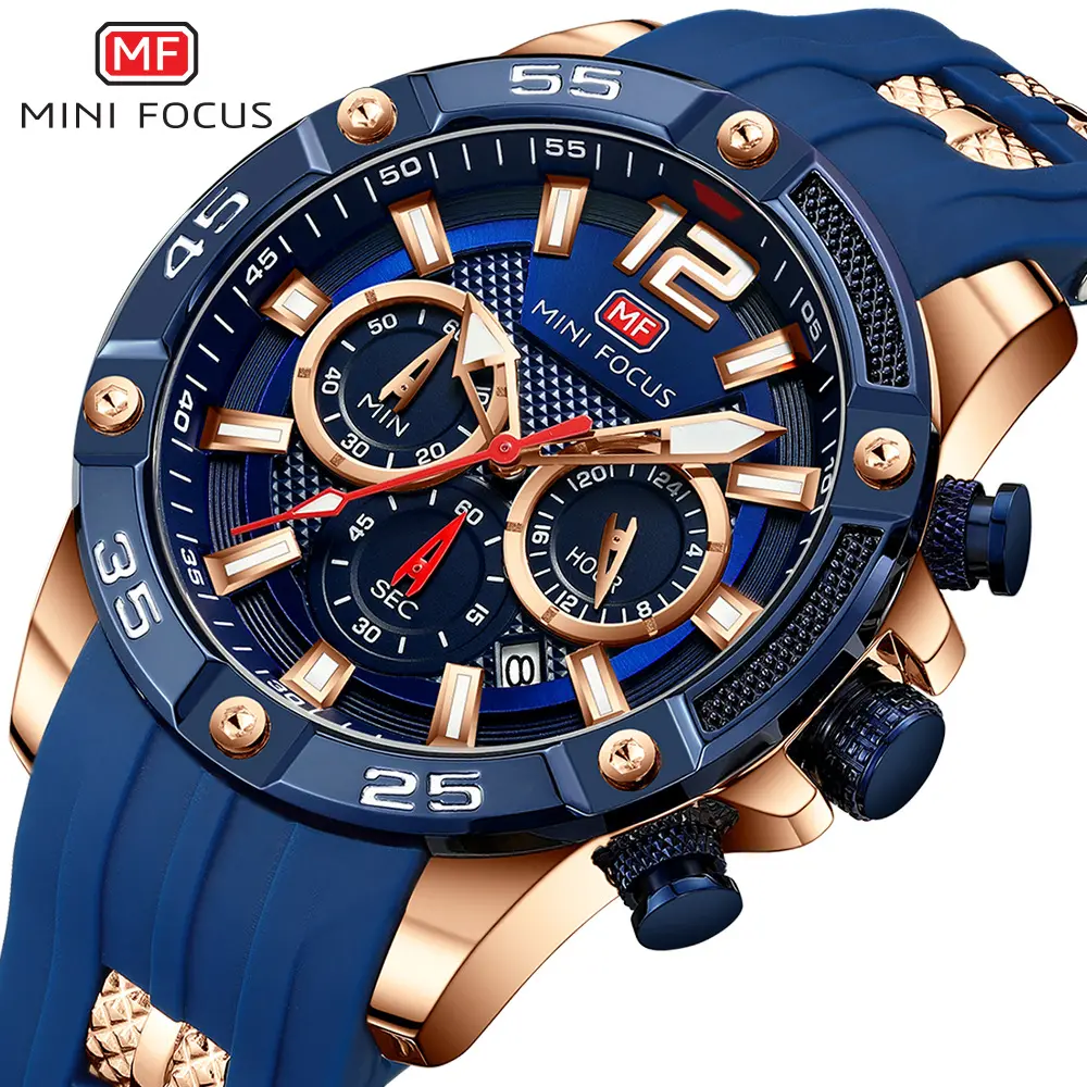 MINI FOCUS MF0349G elegante orologio al quarzo da uomo guangzhou elegante cinturino in Silicone 3 quadranti cronografo data display orologio sportivo design