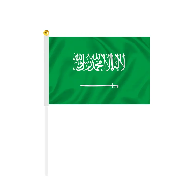 Logotipo personalizado de alta calidad, banderas de mano de Arabia Saudita con pantalla impresa, banderas de mano de poliéster 100% para competición de fútbol mundial