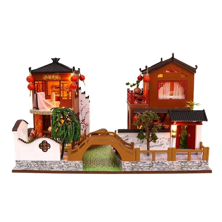 Populaire 1 24 Schaal Oudheid Stijl Dubbele Verdiepingen Houten Diy Mini Poppenhuis Miniatuur Miniatuur Hout Ambachten Huizen