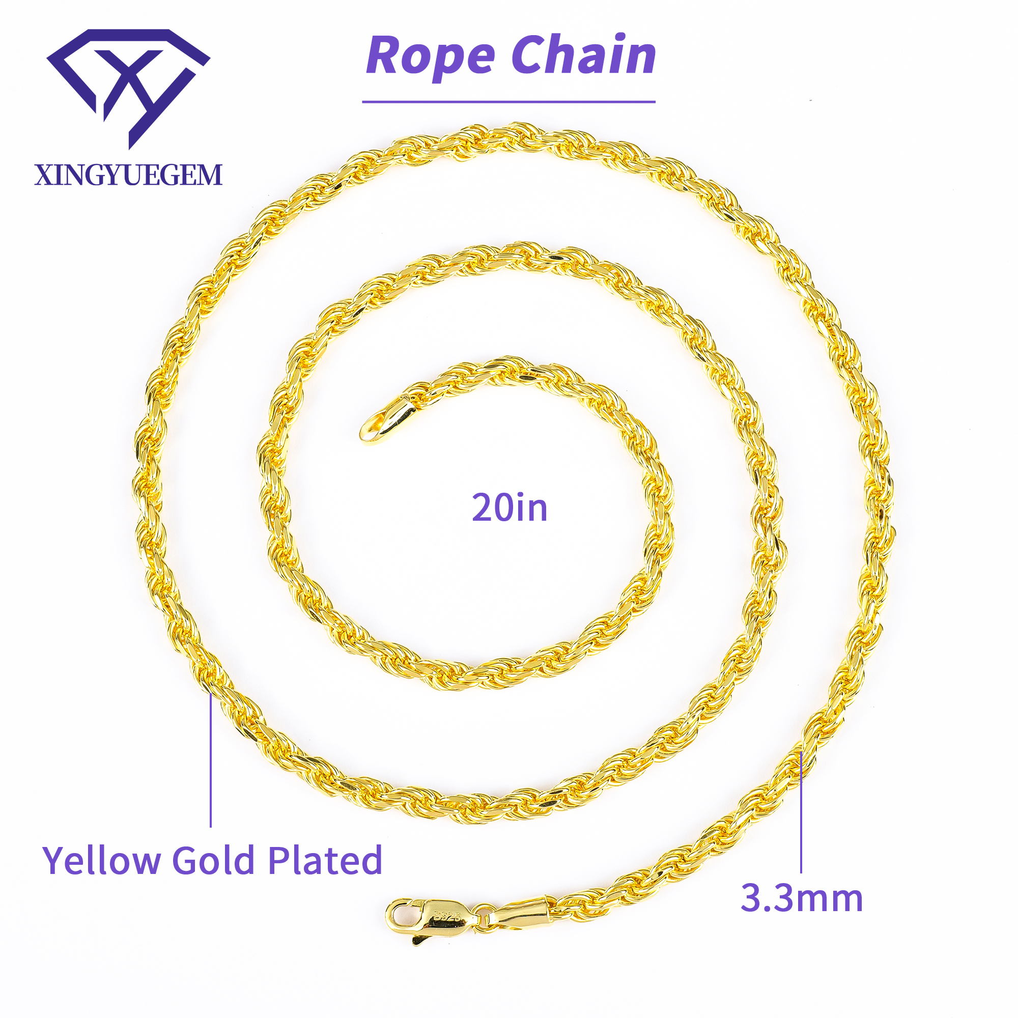 Chaîne corde couleur or 3,3 mm 20 pouces