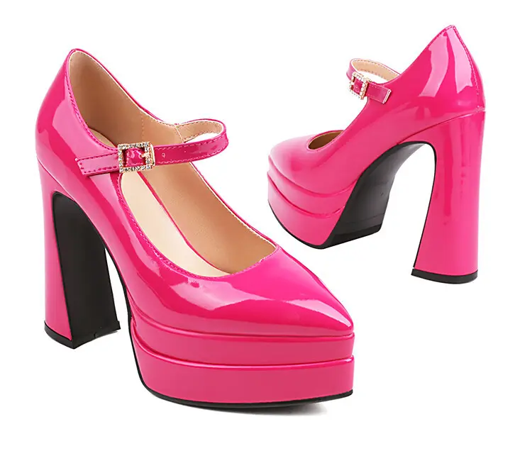 Nuevos zapatos de tacón de charol Rosa hechos a mano para mujer, tacones gruesos con plataforma, Punta cerrada, zapatos de tacón para fiesta, boda, 12cm