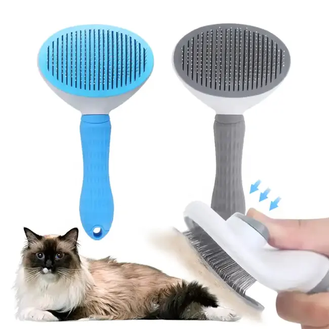 Venta al por mayor de productos para el cuidado de mascotas de acero inoxidable eliminar el pelo cepillo autolimpiante removedor de pelo gato masaje peine perro