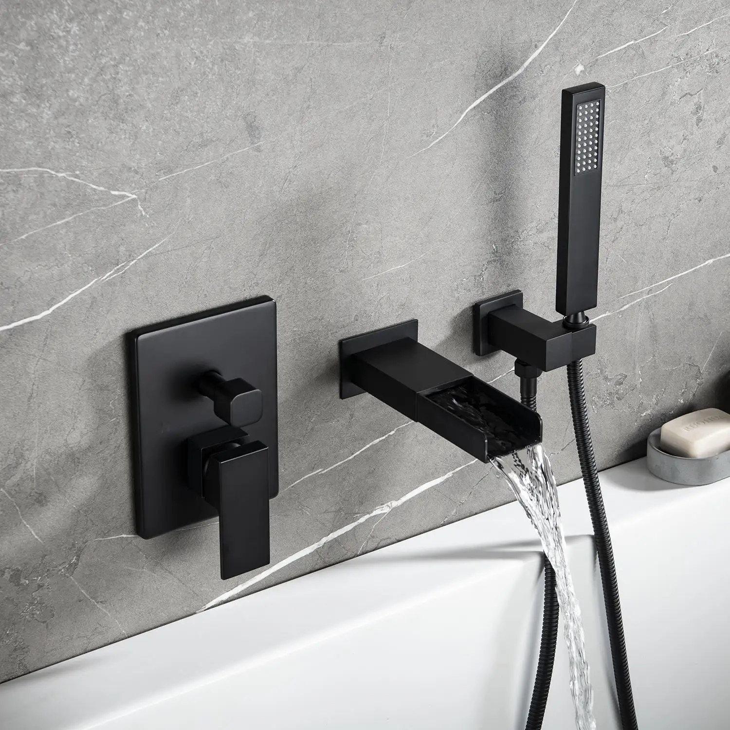 Matte đen treo tường tắm vòi kép xử lý Thác tắm vòi hoa sen vòi đồng phòng tắm bồn tắm vòi nước