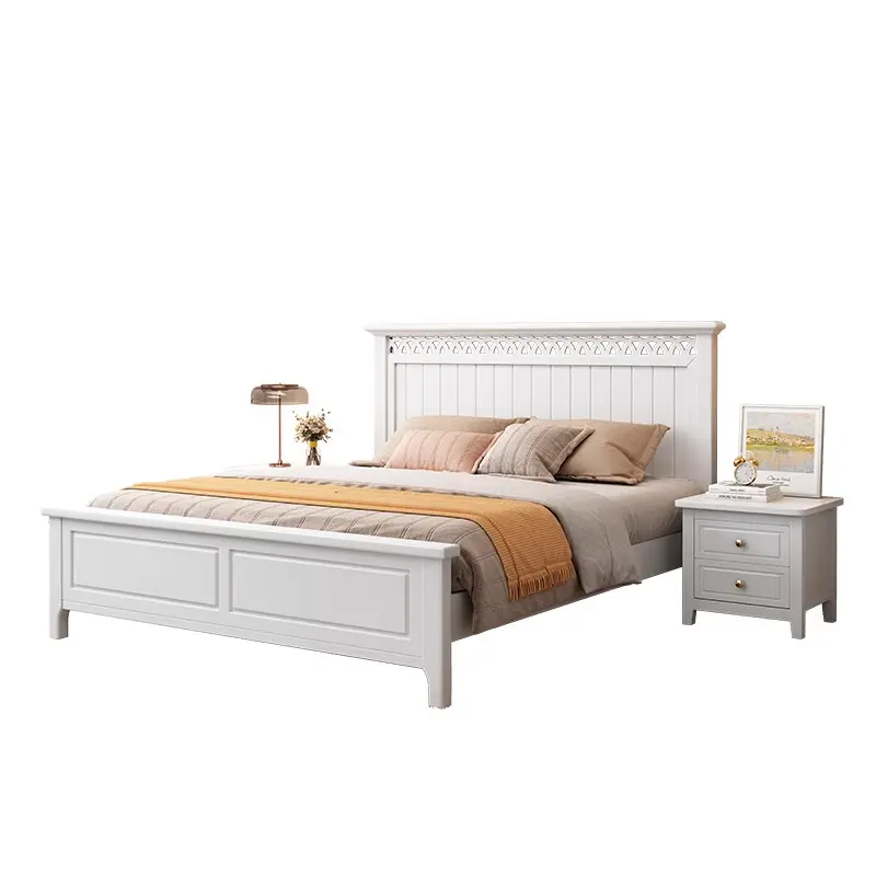 Muebles de dormitorio de cuna sencillos y modernos, cama de madera maciza King con marco de madera de caucho, cama de madera Queen para apartamento en casa