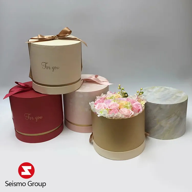 Vente en gros, emballage de luxe personnalisé, cylindre en carton, velours, chapeau rond, arrangement de fleurs, Rose, boîte cadeau avec couvercle