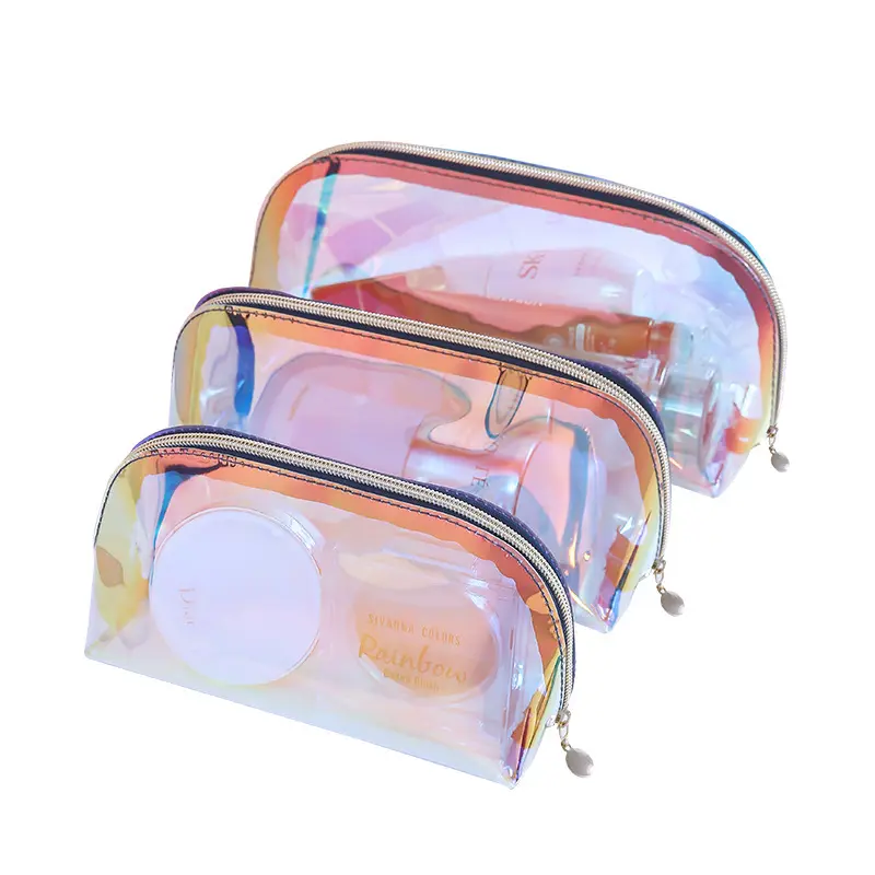 Bolsa de maquillaje de viaje de TPU de alta calidad, bolsa de cosméticos holográfica transparente láser impermeable con logotipo personalizado