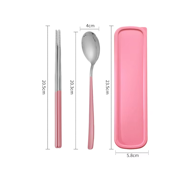 Ensemble deux pièces rose argenté (cuillère + baguettes + boîte)