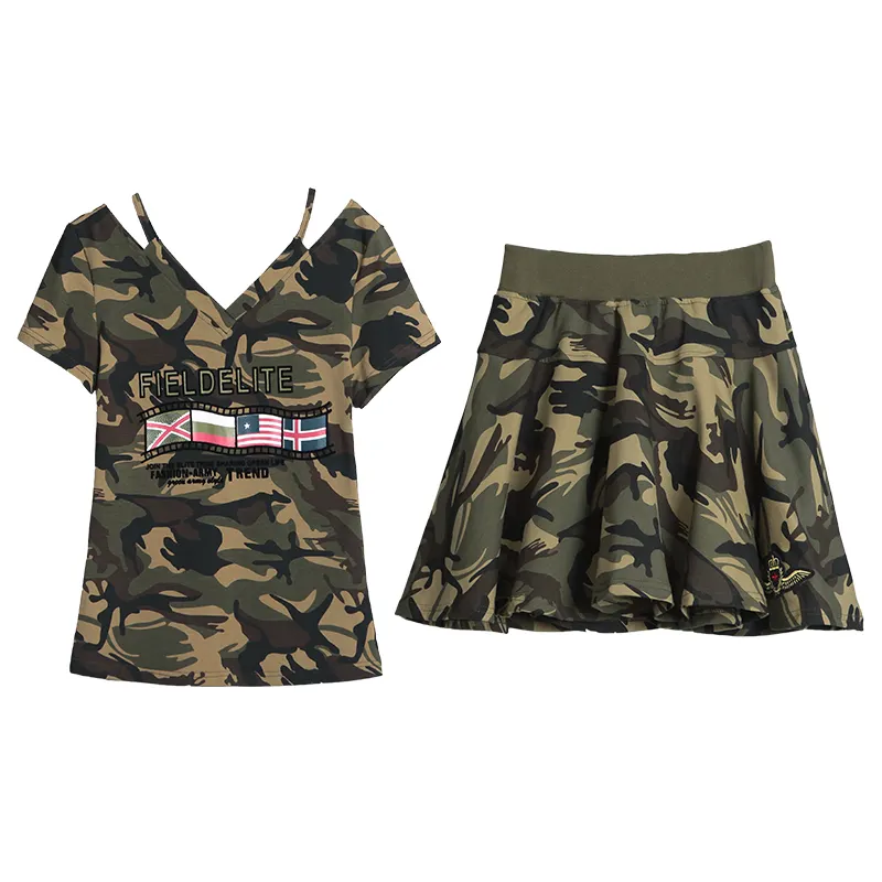 Camouflage Short Skirt Suit Women Summer Clothing New Fashion Casual Sports Two Piece Large Size Cotton Shirt Skirt Sets