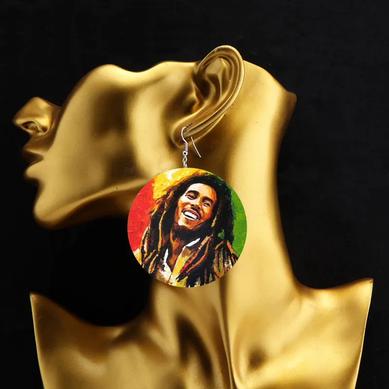 Manufacturer Custom Jamaica Musician Bob Reggae Music Rock Singer One Love Marley Figure Design Natural Wood Drop Earrings