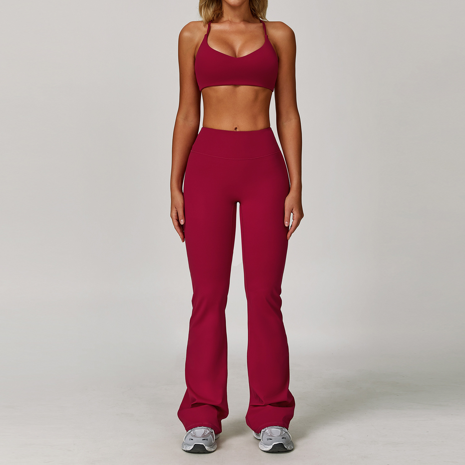 Raspberry red bra + flared pants