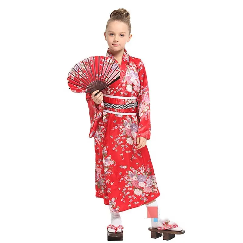 Japanese Traditional Floral Dress Kimono Robe for Kids Girls Adult Women Yukata Kimono Anime Cosplay Robe With Fan