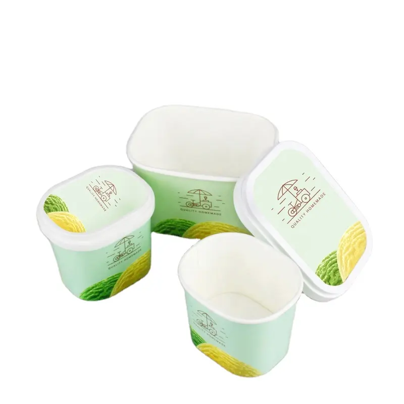 Wegwerp Biologisch Afbreekbaar Vierkante Ijs Papier Cup Gelato Voedsel Container Rechthoek Papier Kom Met Plastic Deksel