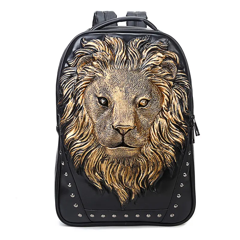 Moda viaje remache Punk 3D Animal cabeza de león mochila, diseñador único tachonado PU cuero Cool Laptop mochila Universidad Bookbag