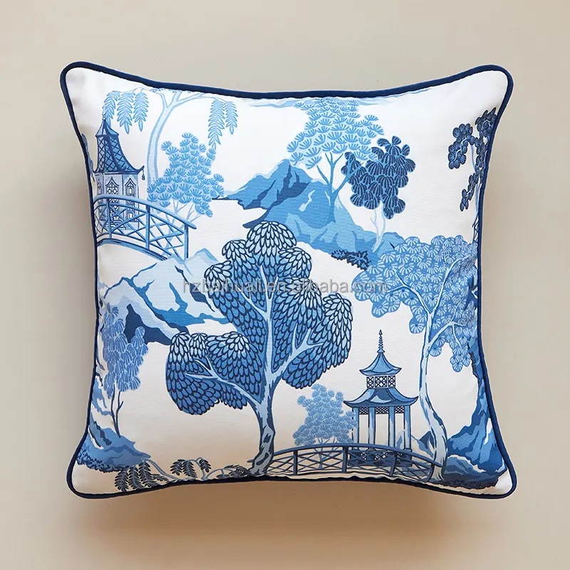 wholesale Traditional Chinese style Pagoda and trees Printed Square pillow cover for home decor