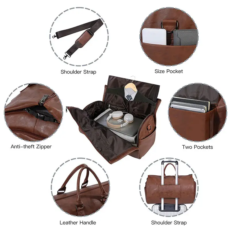 Grote Lederen Zakenreis Handbagage Weekender Tas 2 In 1 Converteerbare Kledingtas Voor Reizen