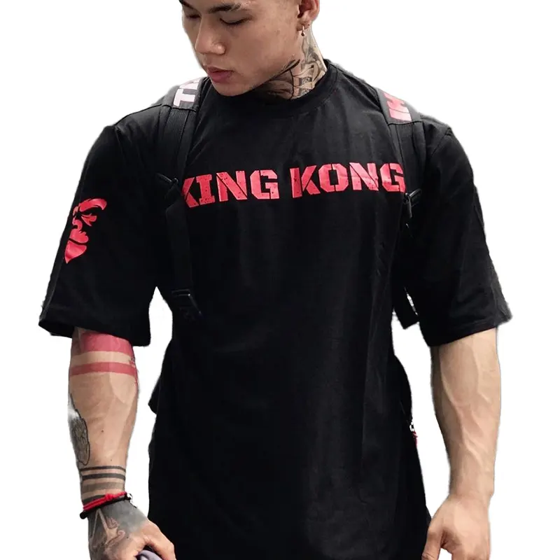 Produsen Cina kaus olahraga gym otot pria longgar kaus lari setengah lengan katun musim panas lengan pendek