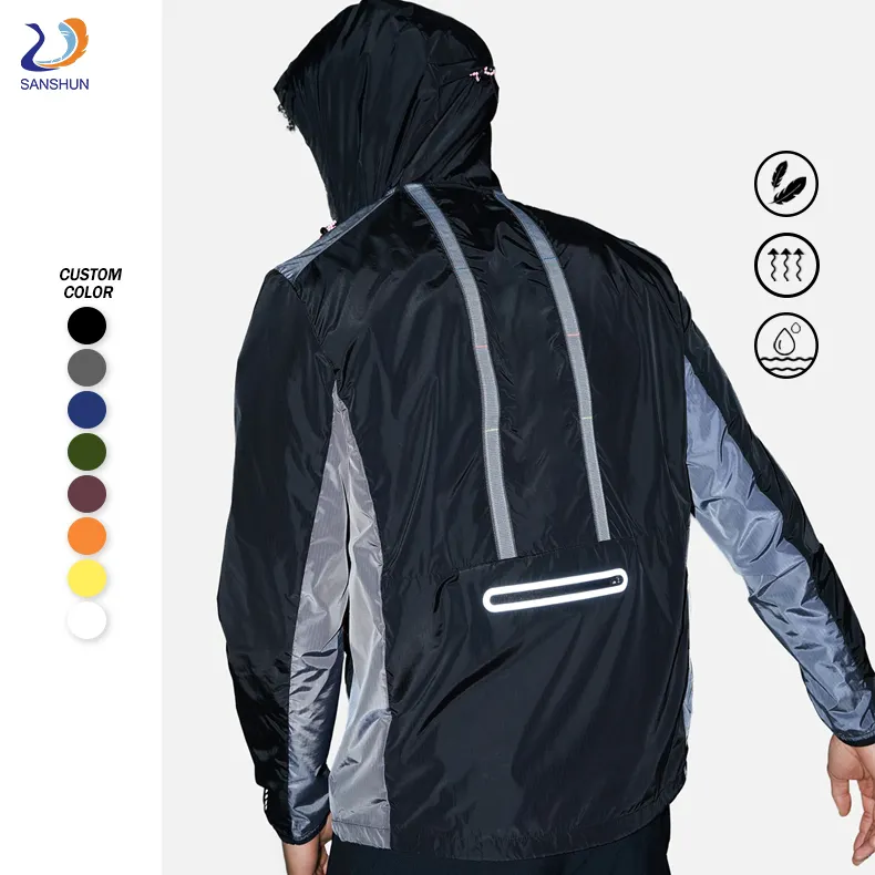 Custom Lightweight Outdoor Running Windbreaker Jacket Hooded Polyester Rain Waterproof Reflective Sports Jacket