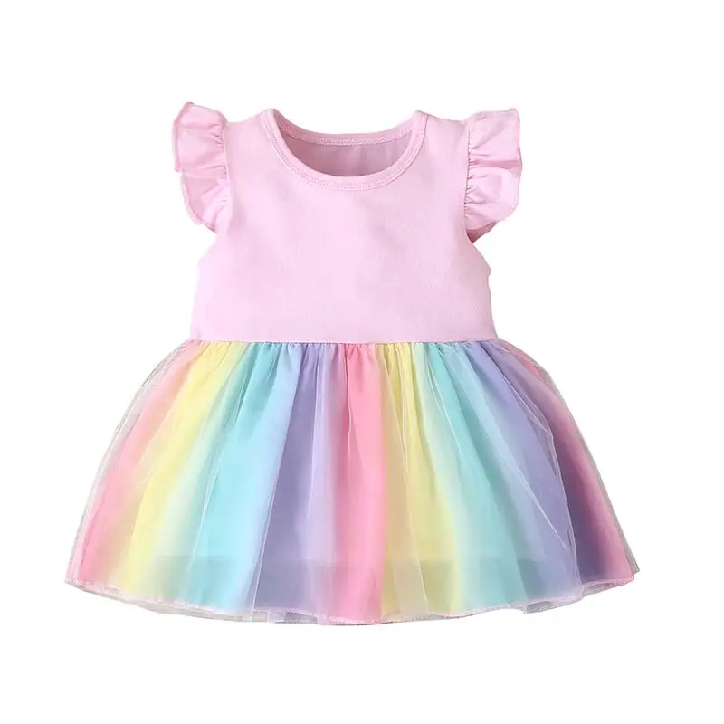 Vestido de malla de arcoíris sin mangas para niñas, ropa de algodón de primavera y verano, hilo sólido teñido, transpirable, gran oferta