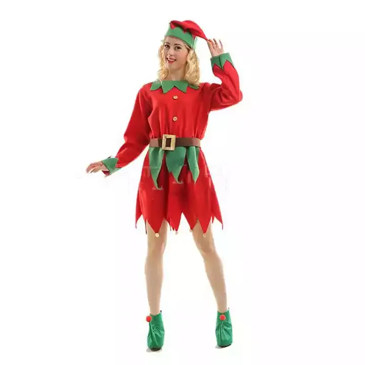 क्रिसमस एल्फ महिलाओं लड़की वेशभूषा लंबी आस्तीन पोशाक और बेल्ट टोपी जूते धारीदार मोजा के लिए पार्टी भूमिका खेल Cosplay