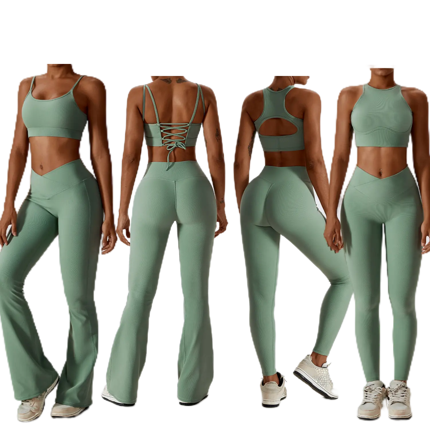 New Hot Sale Mulheres Soft Quick Dry Ribbed V Cut Flare Calças Leggings High Impact Sports Bra Strappy Backless Cross Back Bra Set