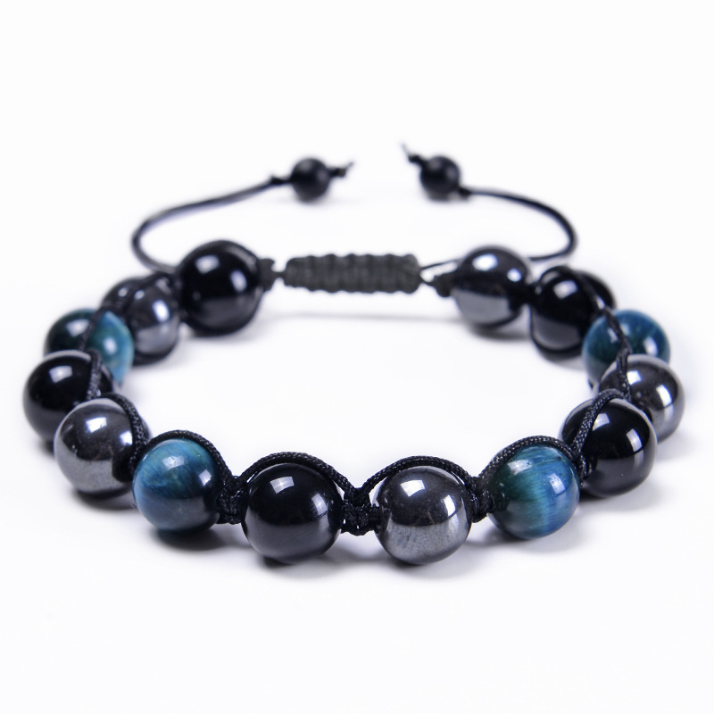 Tigre blu a 8 intrecci + ematite + perline nere