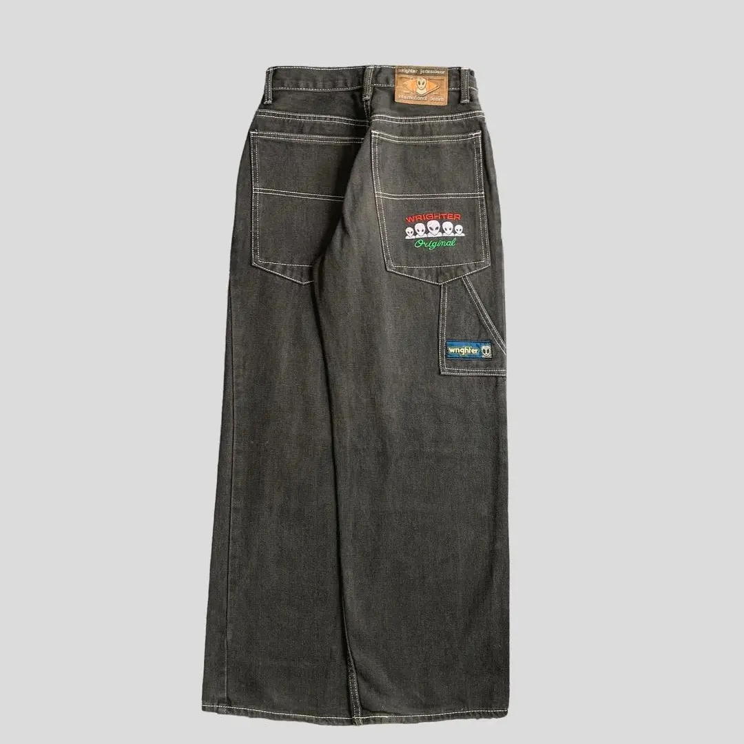 Nuovi pantaloni larghi a vita bassa stile retrò ricamati a gamba dritta Y2k Denim pantaloni Casual Jeans lavati per uomo