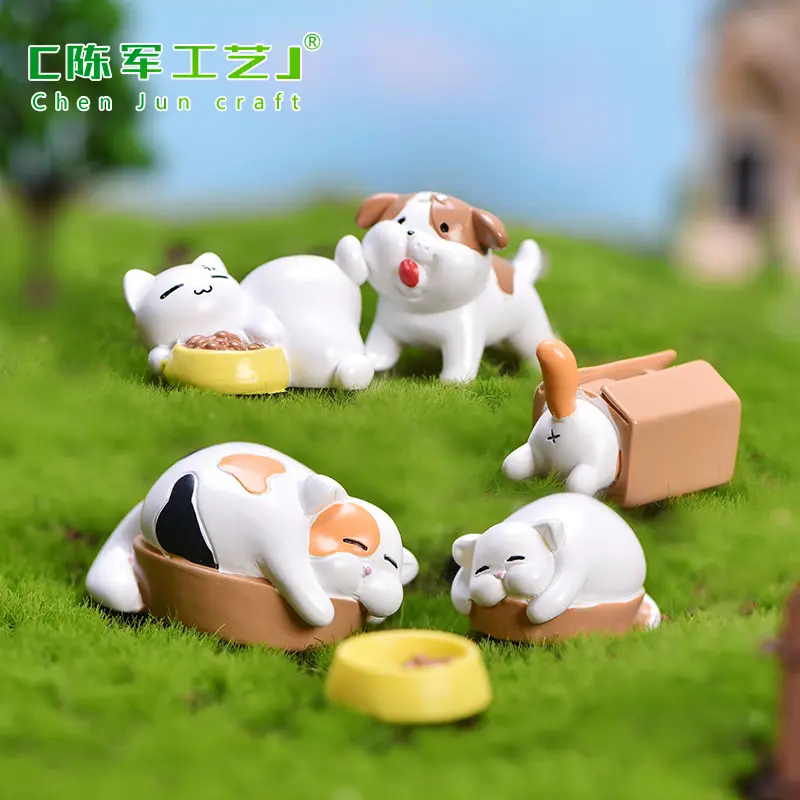 New Cat Dog Kitten Puppy Carton Food Resin Figurine Cartoon Model Home Decor Miniature Fairy Garden Cake Decoration Accessories