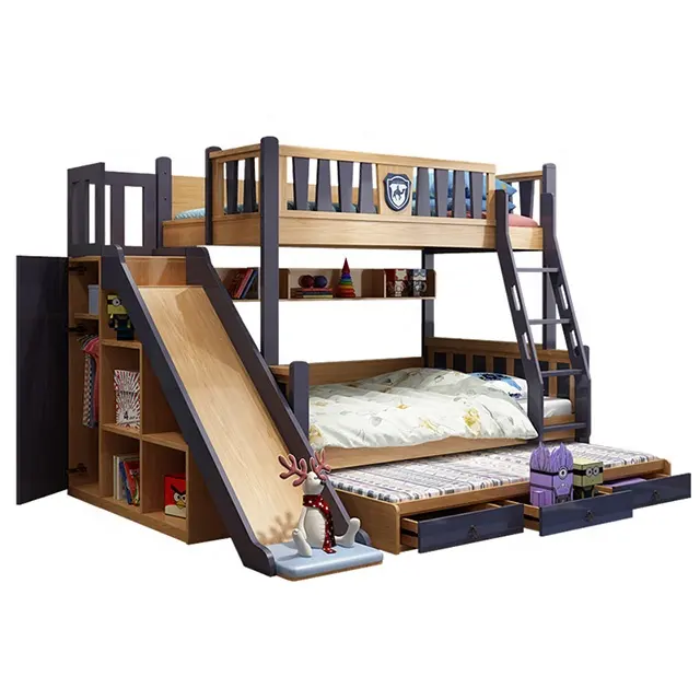 Mode Simple en bois massif enfants meubles de chambre à coucher lit superposé en bois avec toboggan pour enfants enfants meubles de maison moderne