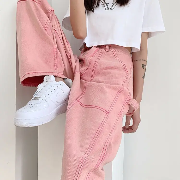Pantalones vaqueros de pierna ancha para mujer, ropa de calle holgada de diseño elegante, Vaqueros rectos Vintage de color rosa, de cintura alta, para verano, 2022