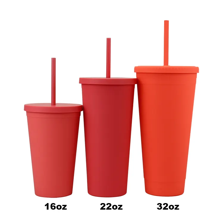 Vaso de plástico de doble pared, vaso acrílico con paja, 16oz, 22oz, 32oz, novedad de 2023