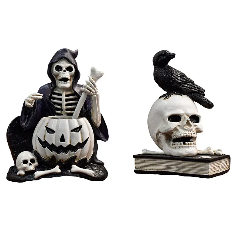 Desk Topper Halloween Skulls Lifelike Human Skeleton Head with Black Eagle raven Skull for Halloween Haunted House Bar decor