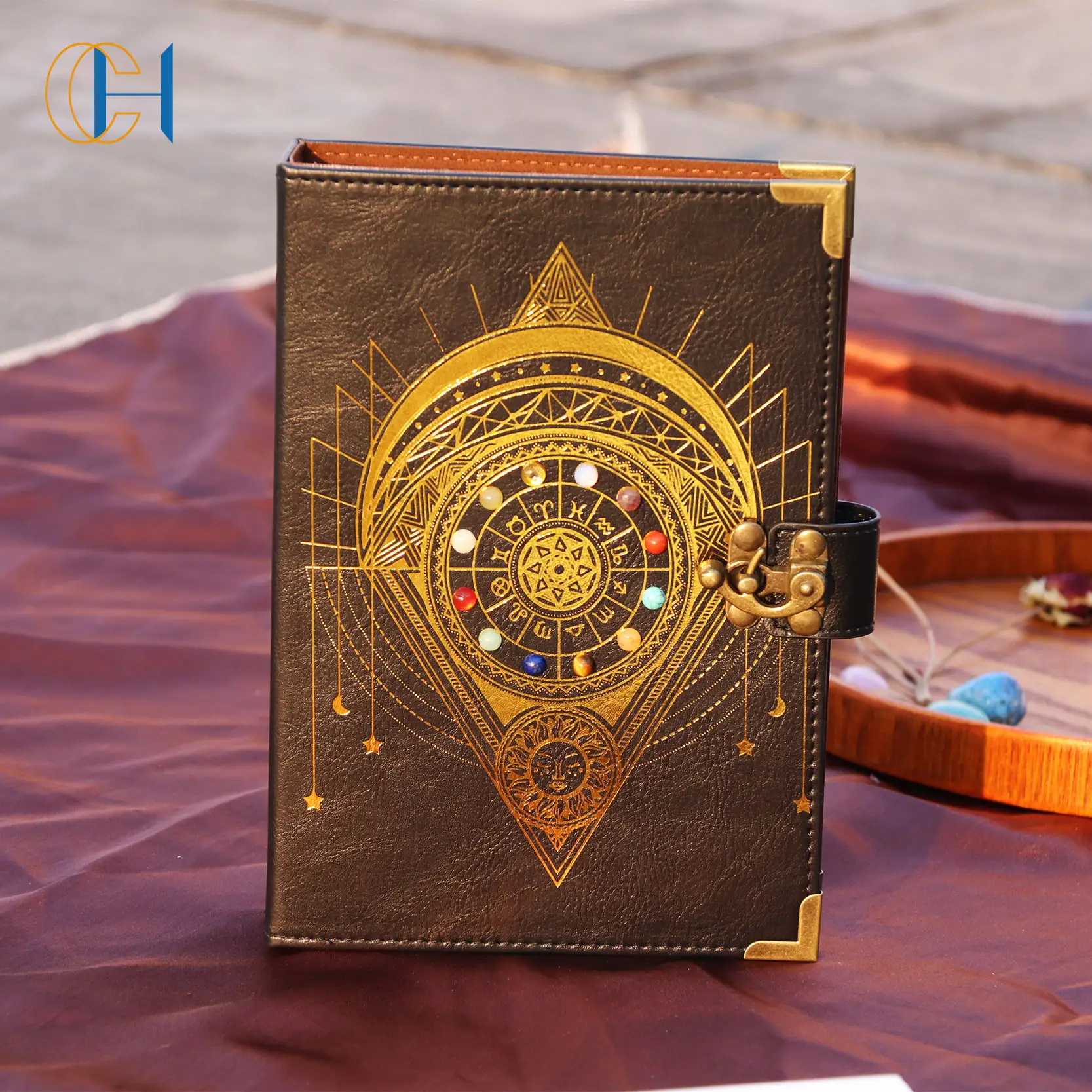 Antikes Leder Journal Echtes Luxus Gold Design Hexen Tarot Planer Zodiac Crystal Notebook