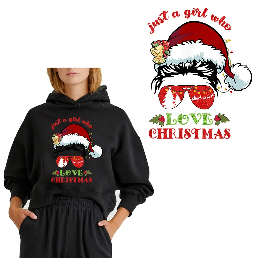 Felpe con cappuccio in T-shirt di cotone di alta qualità Merry Christmas stampa su toppa stampa su adesivi a trasferimento termico