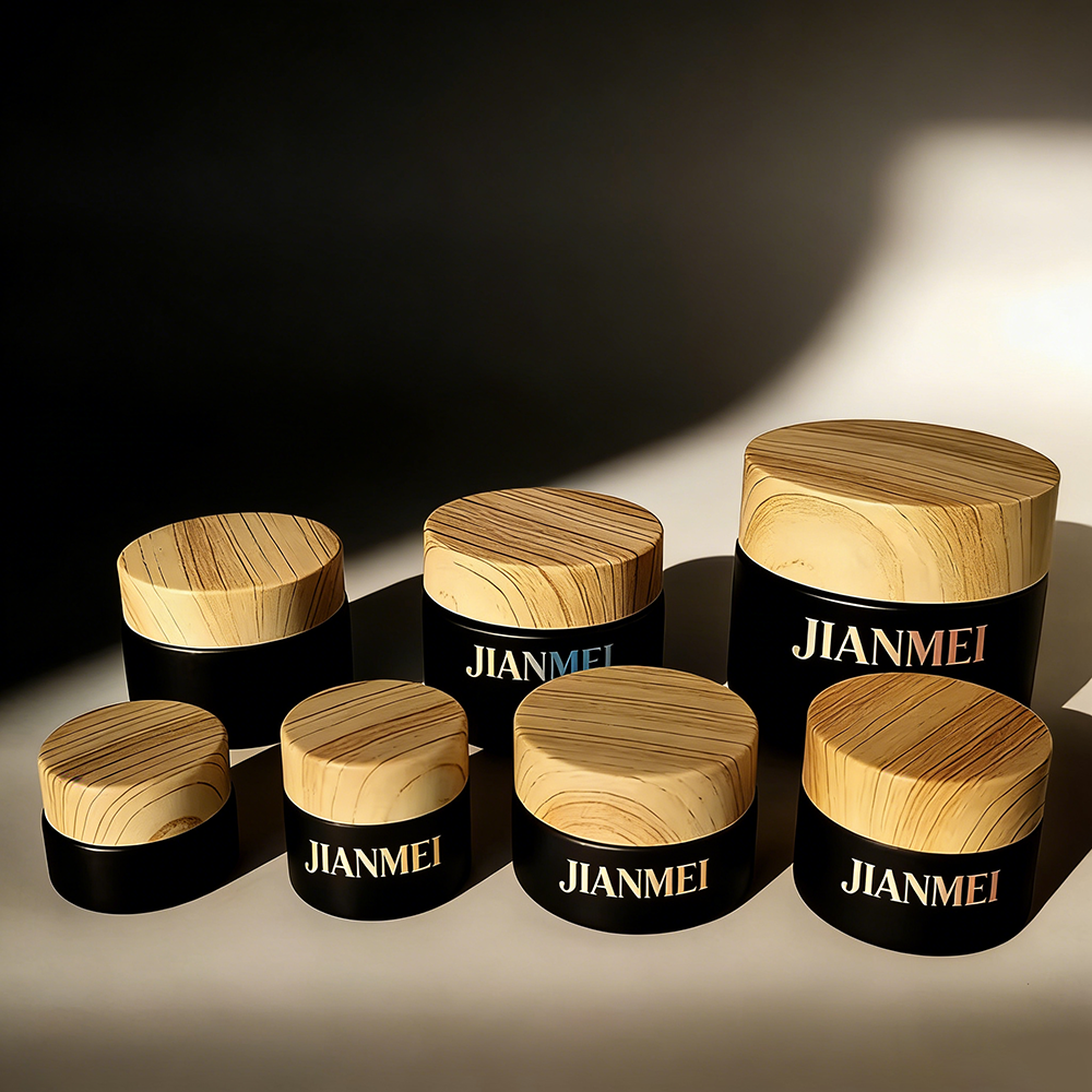 Barattolo nero + coperchio in plastica effetto legno chiaro