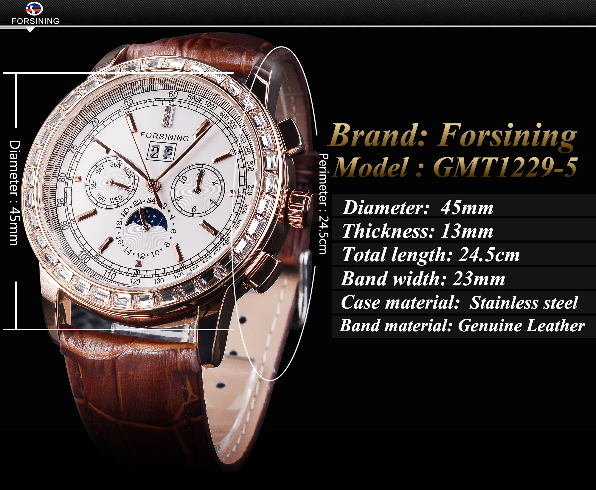 BY BENYAR Orologio Meccanico Automatico Uomo Acciaio Inox 50M Impermeabile Con Calendario E Lancette Luminose