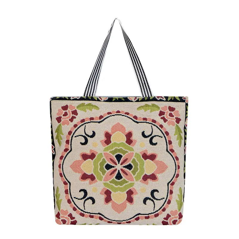 Bolso de mano retro Para mujer, grande, con flores bordadas, geométrico, sencillo, para playa, venta al por mayor