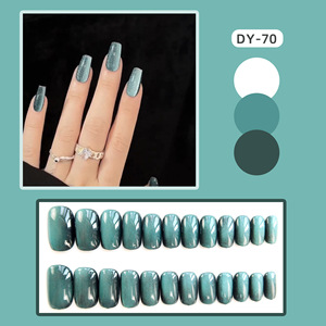 DY-70 tam kapak kare yanlış Nail İpuçları yüksek kalite yeşil kedi göz takma tırnak düz renk takma tırnak tutkal ile - Product Image 2