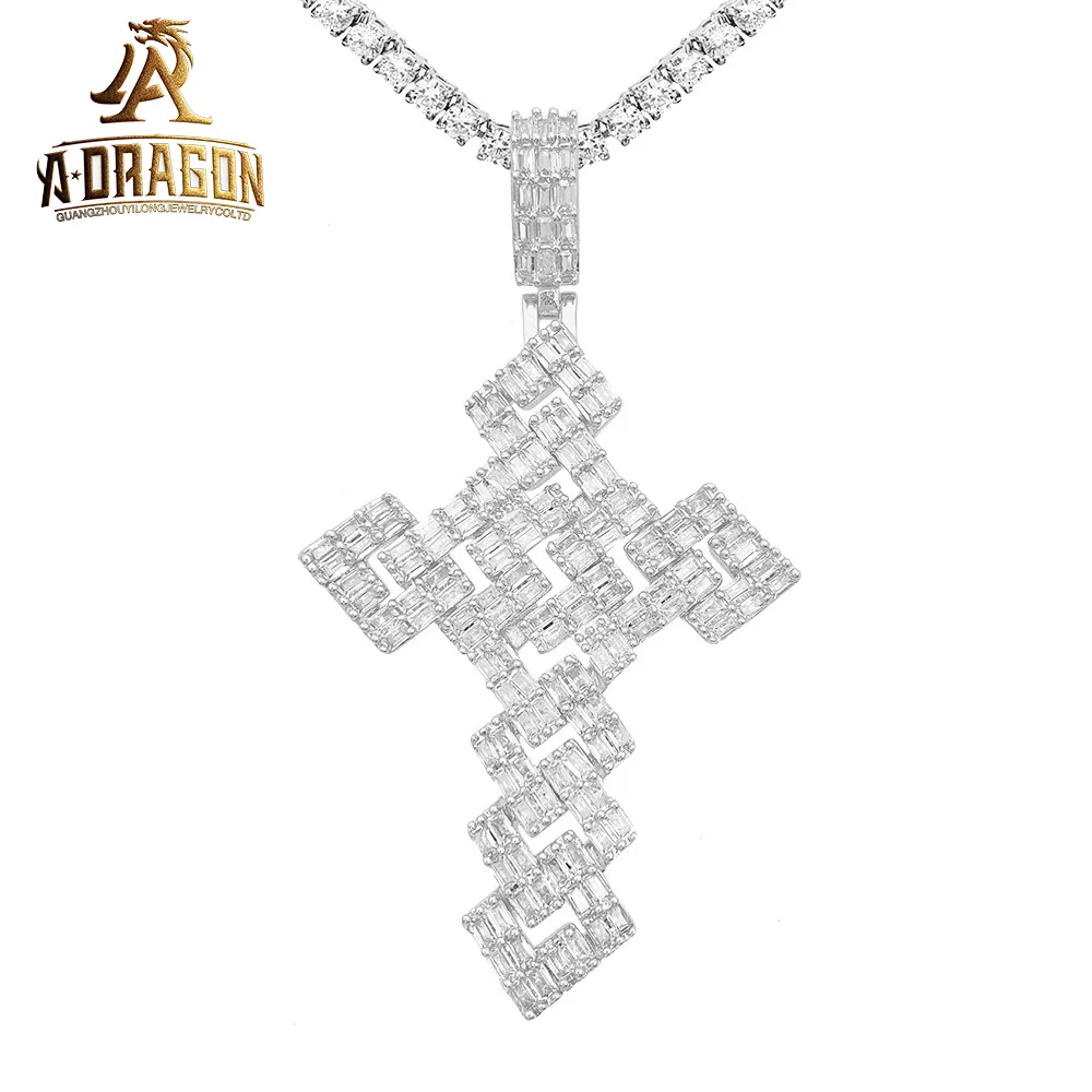 New arrivals 925 sterling silver high quality iced out baguette hip hop lab diamond cross moissanite pendant