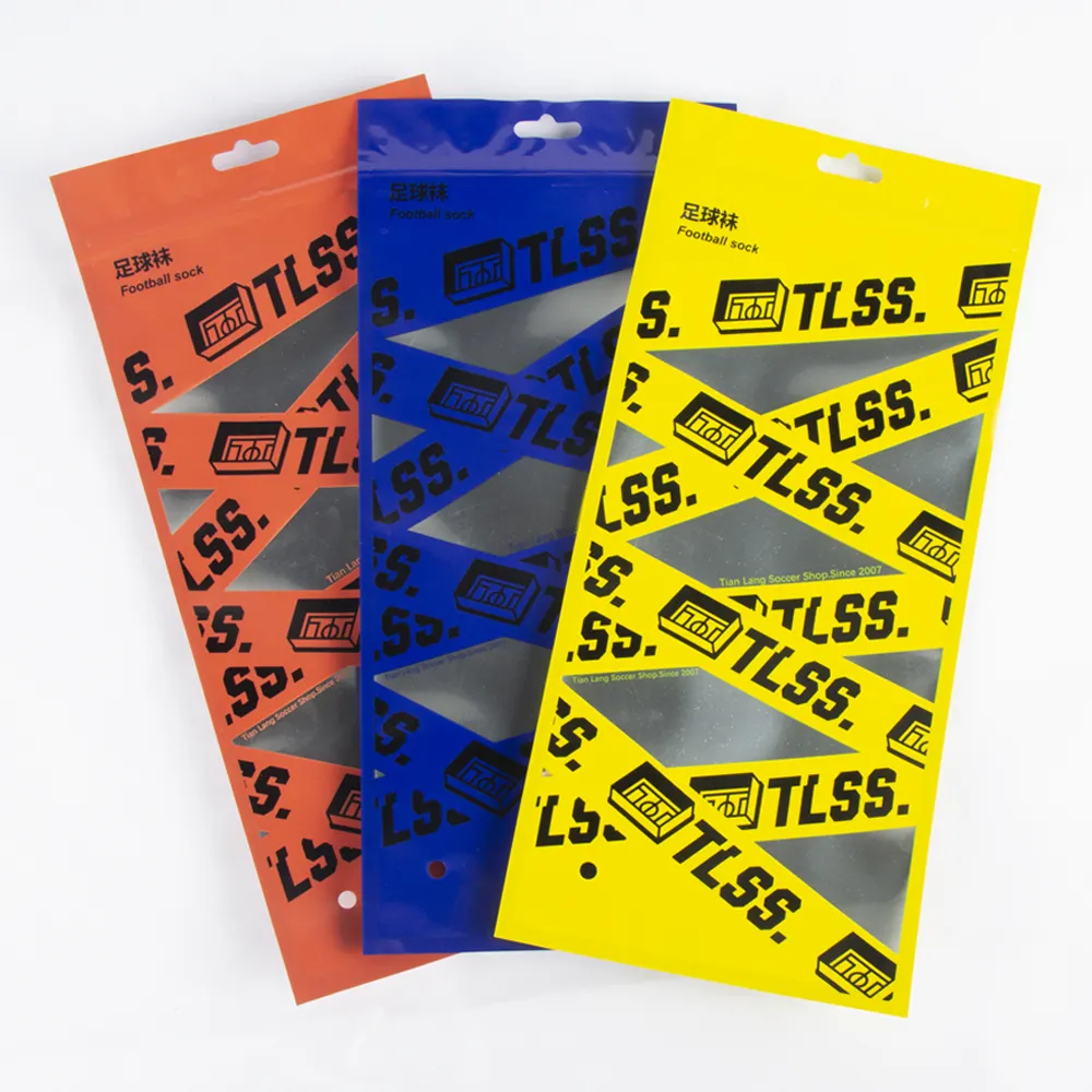Bolsa de plástico para impressão de logotipo, entrega rápida, bolsa com zíper para meias de futebol com buraco pendurado no euro