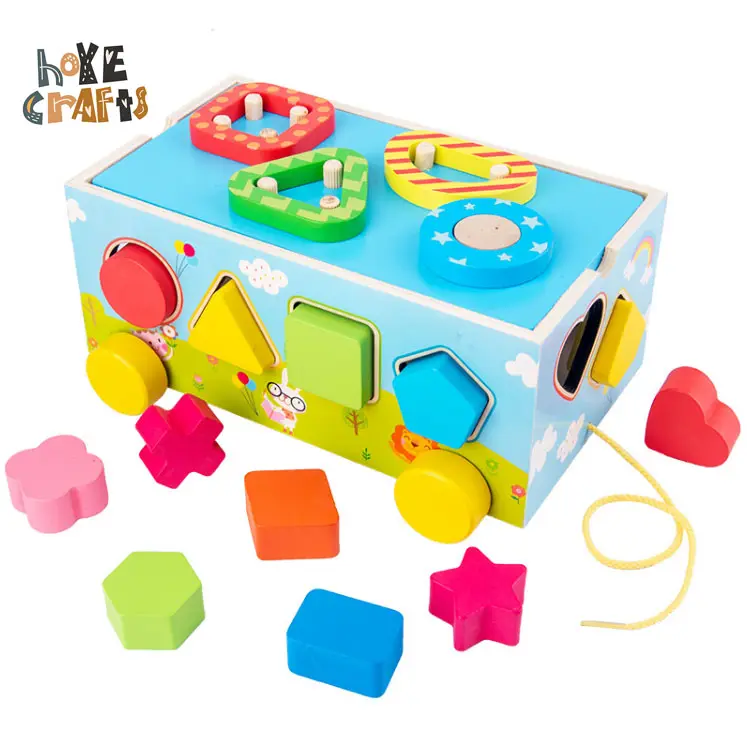 Giocattolo educativo Montessori giocattoli sensoriali numero forma di apprendimento Puzzle di smistamento partita gioco in legno Pull auto