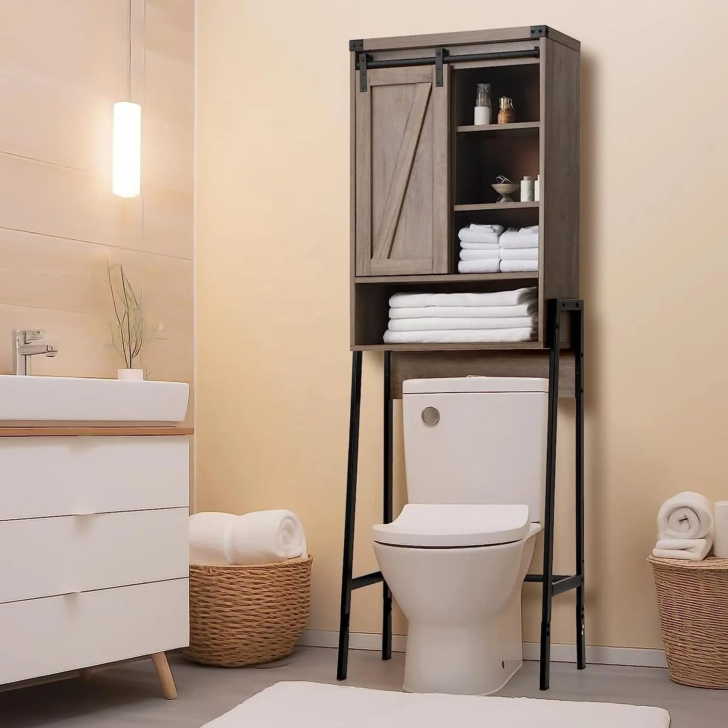 O armário de banheiro cinzento sobre o toalete com armazenamento e ajusta a altura, portas deslizantes com projeto do estilo para o banheiro, balcão