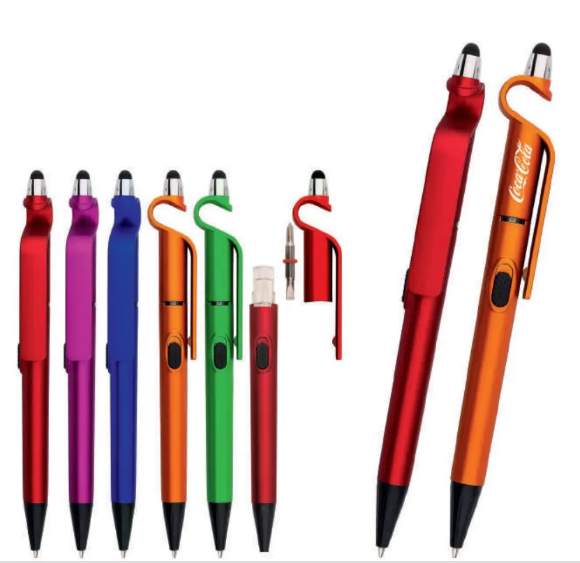 OEM 4 in 1 multi functional cheap price pen with logo & LED light & phone holder & Mini screwdriver for gift