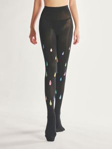 Zwart Nylon Ebbenhout Pompea Bloem Panty Kleurrijke Regendruppel Winter Fluweel Met Patroon Kousen - Product Image 3