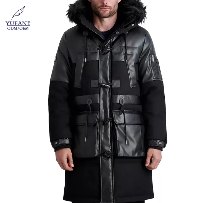 YuFan Jaqueta longa de inverno para homens, casaco de tamanho grande de couro PU quente com capuz de pele, moda masculina