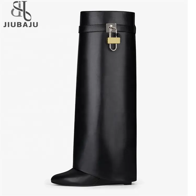 New Fashion Classical Shark Lock Pants Boots for Women 2023 Winter Solid Color Knee High Heel Boats Big Size Shoes